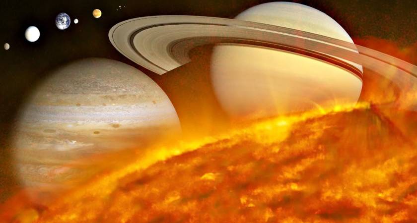 Montagem mostrando a massa do sol com os oito planetas do sistema solar.