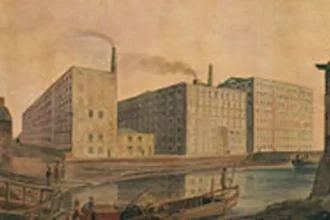 Moinhos de algodão de Manchester, por volta de 1820.